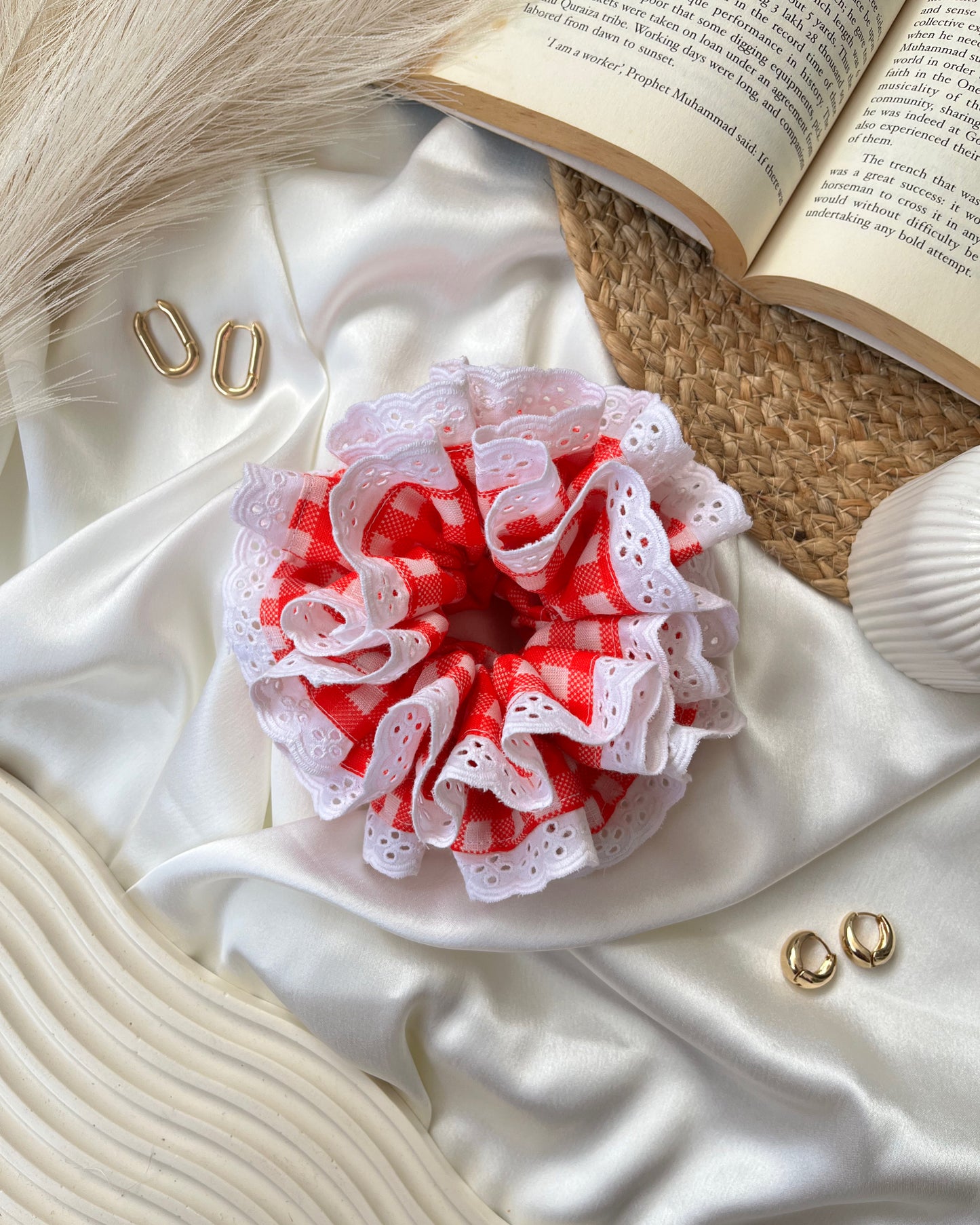 Red Gingham Lace Ruffle Scrunchie