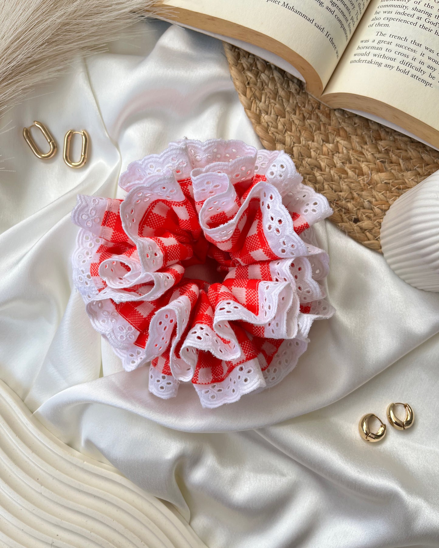 Red Gingham Lace Ruffle Scrunchie