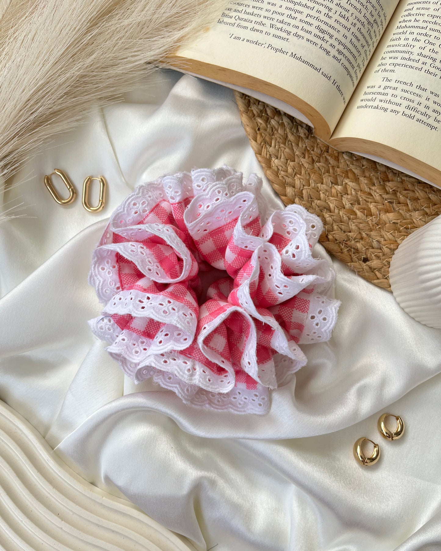 Pink Gingham Ruffle Lace Scrunchie