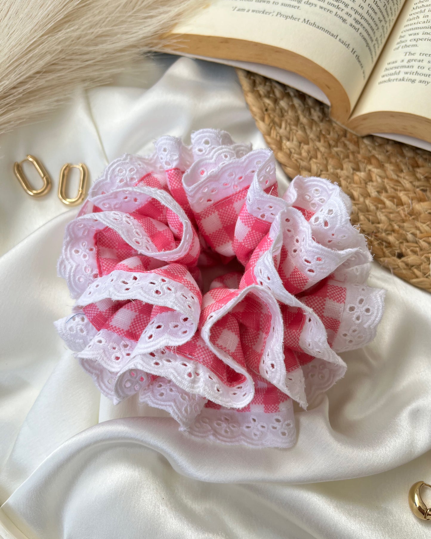 Pink Gingham Ruffle Lace Scrunchie