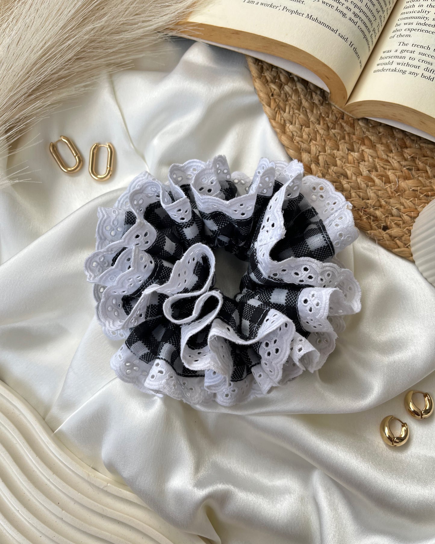 Black Gingham Ruffle Lace Scrunchie