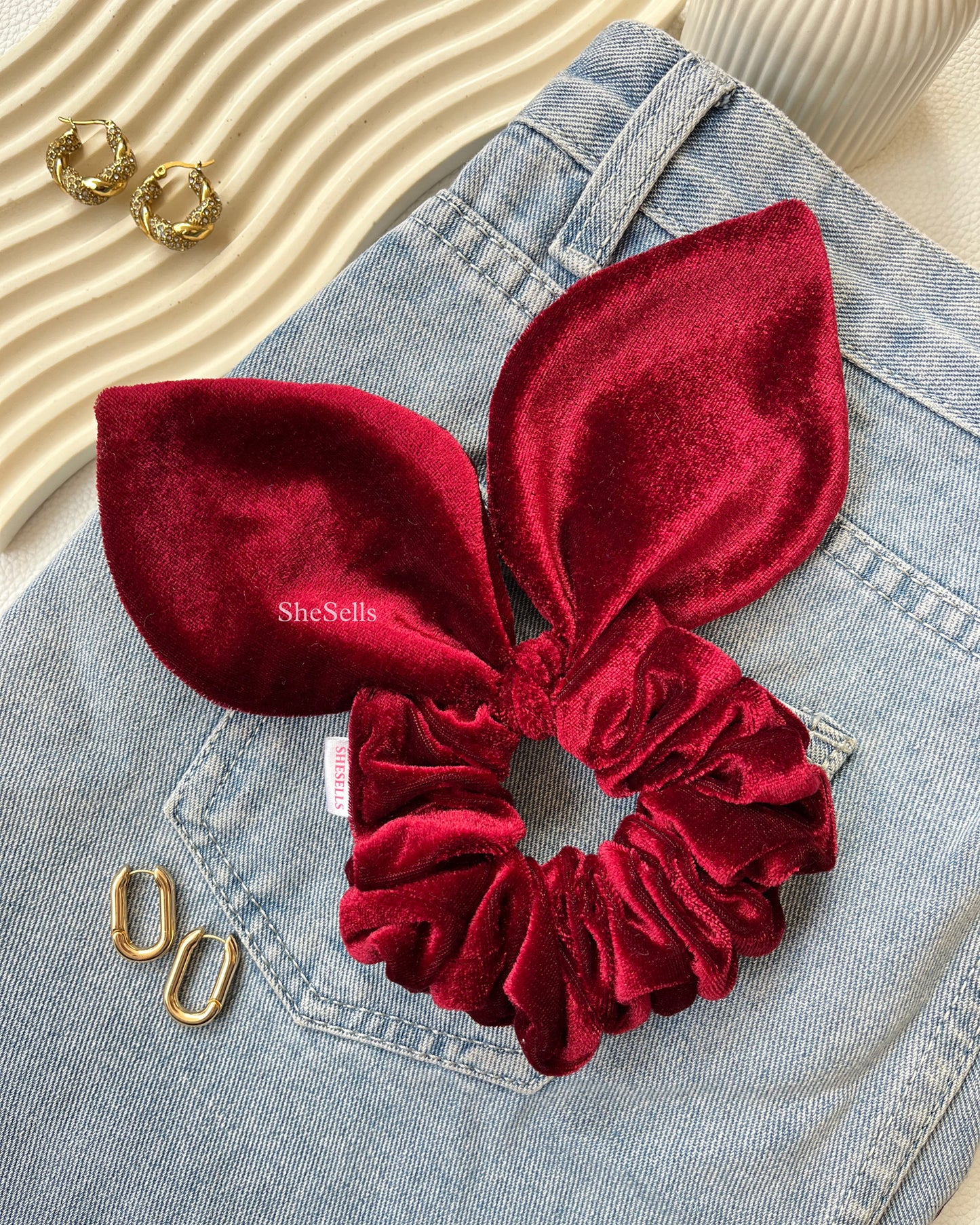Maroon Velvet Bunny Ear Scrunchie