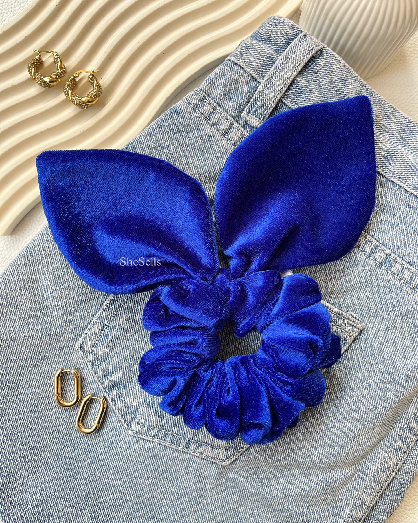 Royal Blue Velvet Bunny Ear Scrunchie