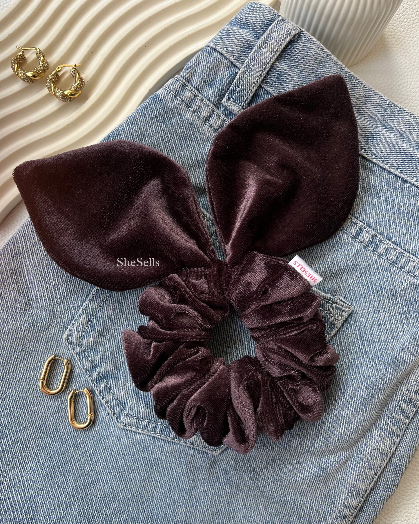 Deep Chocolate Brown Velvet Bunny Ear Scrunchie