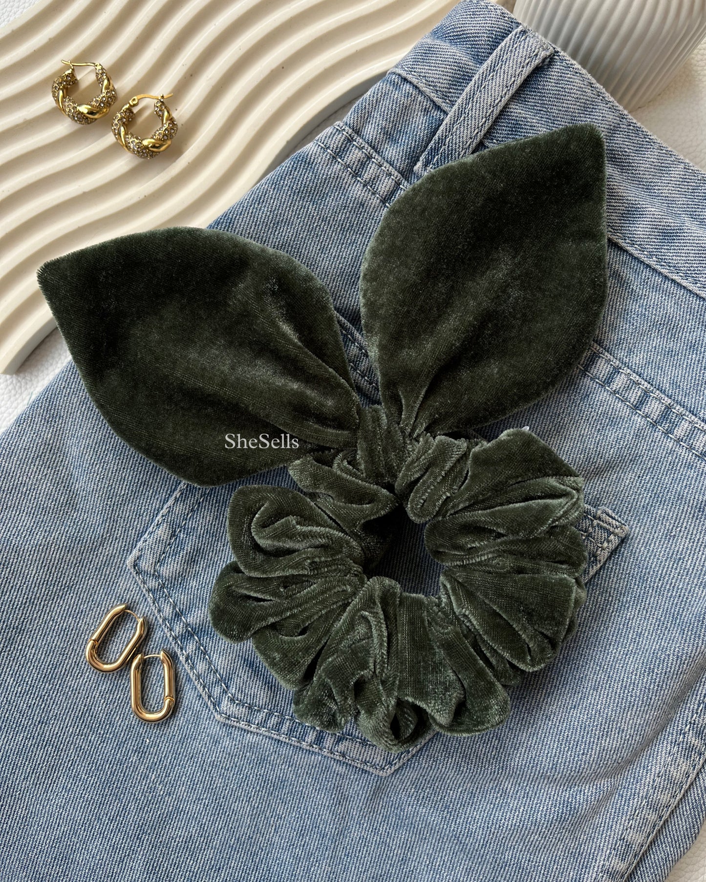 Deep Olive Velvet Bunny Ear Scrunchie