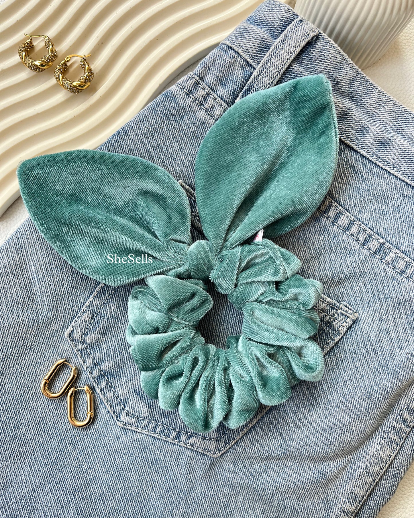 Soft Mint Velvet Bunny Ear Scrunchie