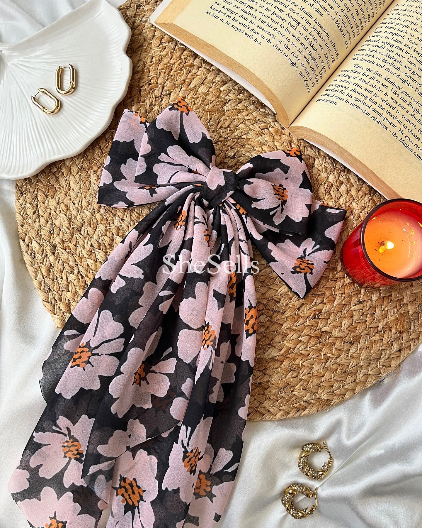 Black Vintage Floral Fairytale Bow