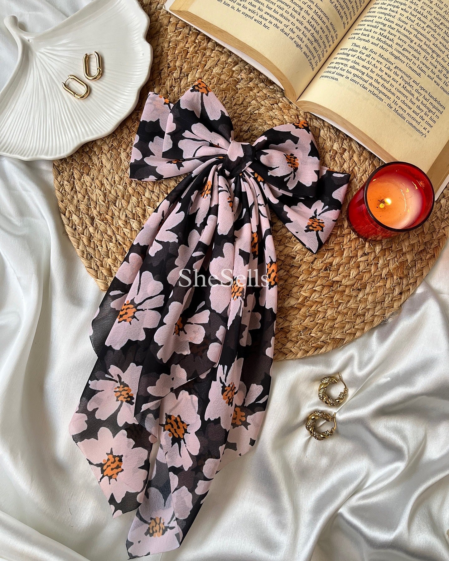 Black Vintage Floral Fairytale Bow