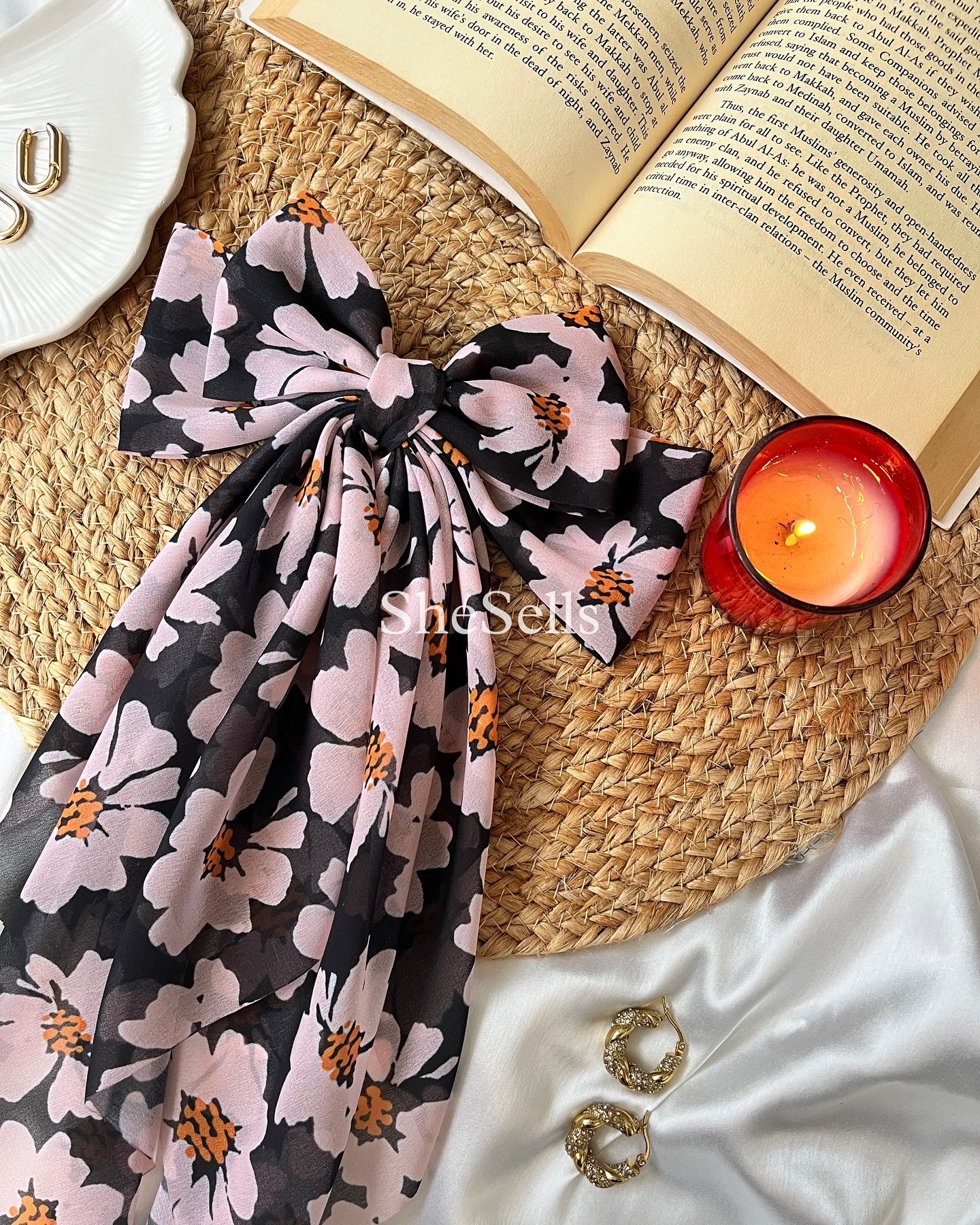 Black Vintage Floral Fairytale Bow
