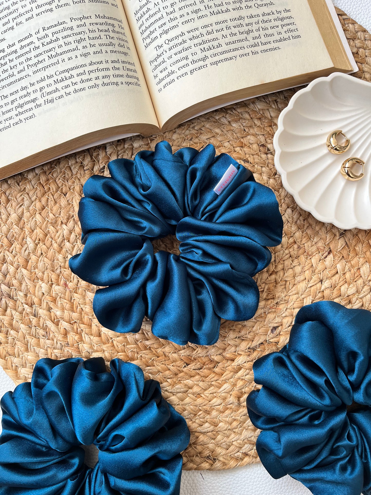 Teal Blue Satin Scrunchies