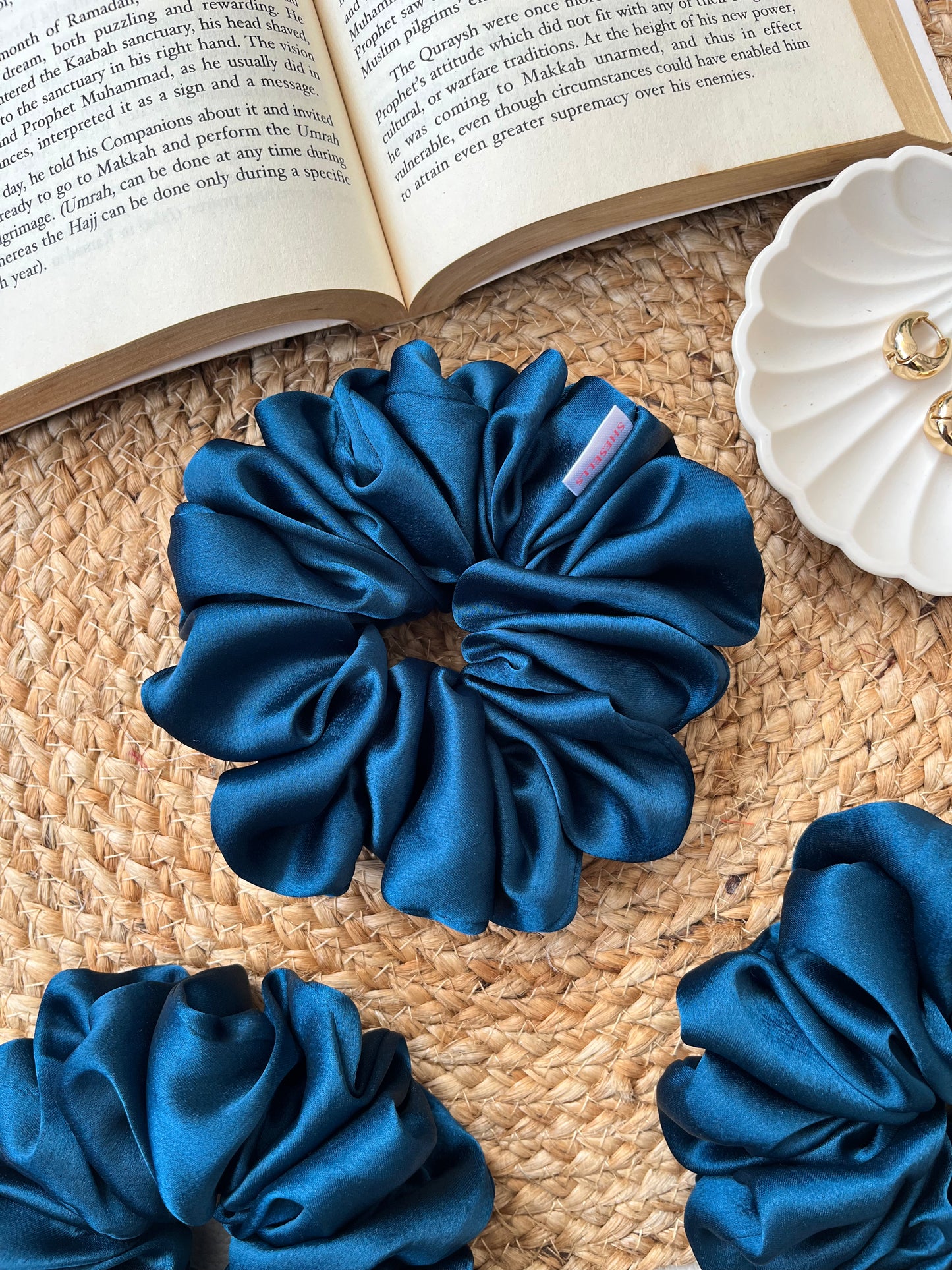 Teal Blue Satin Scrunchies