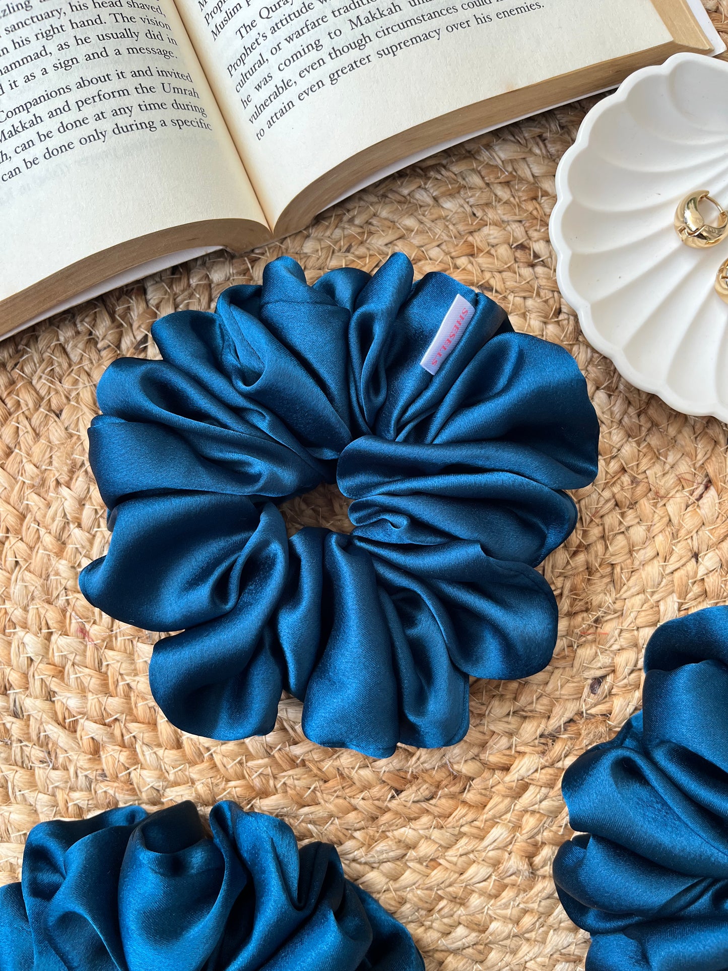 Teal Blue Satin Scrunchies